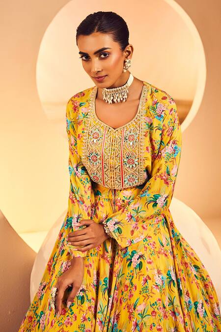 Shop Aneesh Agarwaal Yellow Crepe Embroidery Round Neck Floral Print Flared Lehenga With Blouse Online at Aza Fashions Shop_Aneesh Agarwaal_Yellow Crepe Embroidery Round Neck Floral Print Flared Lehenga With Blouse _Online_at_Aza_Fashions