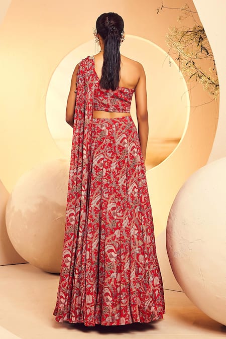 Shop Aneesh Agarwaal Red Chiffon Embroidery One Shoulder Floral Print Blouse And Lehenga Set at Aza Fashions Shop_Aneesh Agarwaal_Red Chiffon Embroidery One Shoulder Floral Print Blouse And Lehenga Set _at_Aza_Fashions