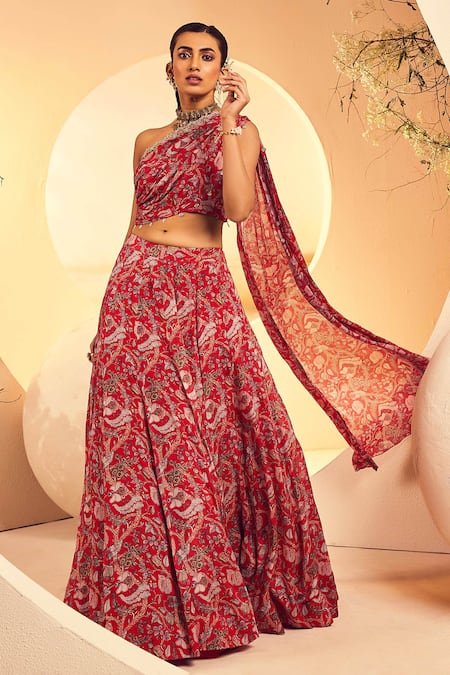 Aneesh Agarwaal Red Chiffon Embroidery One Shoulder Floral Print Blouse And Lehenga Set Online at Aza Fashions Aneesh Agarwaal_Red Chiffon Embroidery One Shoulder Floral Print Blouse And Lehenga Set _Online_at_Aza_Fashions