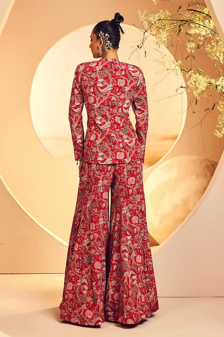 Shop Aneesh Agarwaal Red Crepe Embroidery, Beads Mandarin Collar Floral Print Jacket And Sharara Set at Aza Fashions Shop_Aneesh Agarwaal_Red Crepe Embroidery, Beads Mandarin Collar Floral Print Jacket And Sharara Set _at_Aza_Fashions