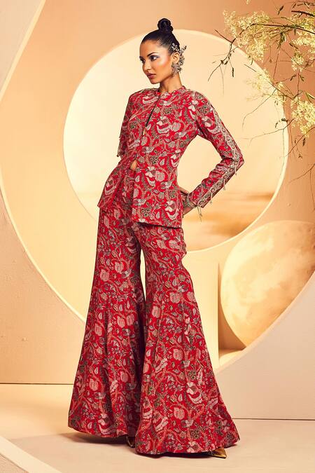 Aneesh Agarwaal Red Crepe Embroidery, Beads Mandarin Collar Floral Print Jacket And Sharara Set Online at Aza Fashions Aneesh Agarwaal_Red Crepe Embroidery, Beads Mandarin Collar Floral Print Jacket And Sharara Set _Online_at_Aza_Fashions