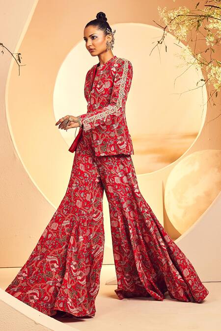 Buy Aneesh Agarwaal Red Crepe Embroidery, Beads Mandarin Collar Floral Print Jacket And Sharara Set Online at Aza Fashions Buy_Aneesh Agarwaal_Red Crepe Embroidery, Beads Mandarin Collar Floral Print Jacket And Sharara Set _Online_at_Aza_Fashions