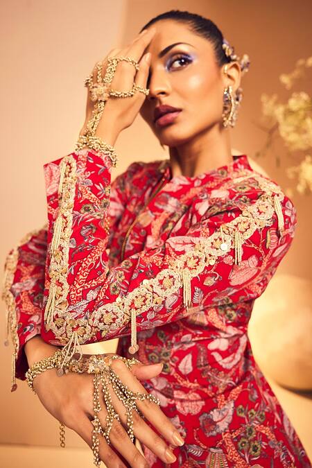 Shop Aneesh Agarwaal Red Crepe Embroidery, Beads Mandarin Collar Floral Print Jacket And Sharara Set Online at Aza Fashions Shop_Aneesh Agarwaal_Red Crepe Embroidery, Beads Mandarin Collar Floral Print Jacket And Sharara Set _Online_at_Aza_Fashions