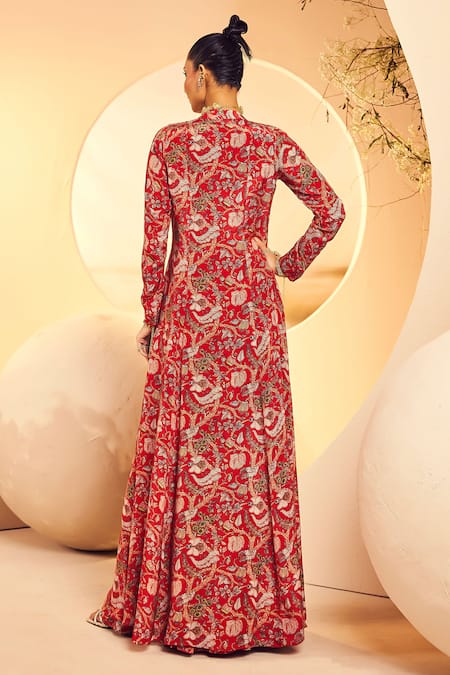 Shop Aneesh Agarwaal Red Crepe Sequins, Embroidery V-neck Kalamkari Printed Cape Sharara Set at Aza Fashions Shop_Aneesh Agarwaal_Red Crepe Sequins, Embroidery V-neck Kalamkari Printed Cape Sharara Set _at_Aza_Fashions