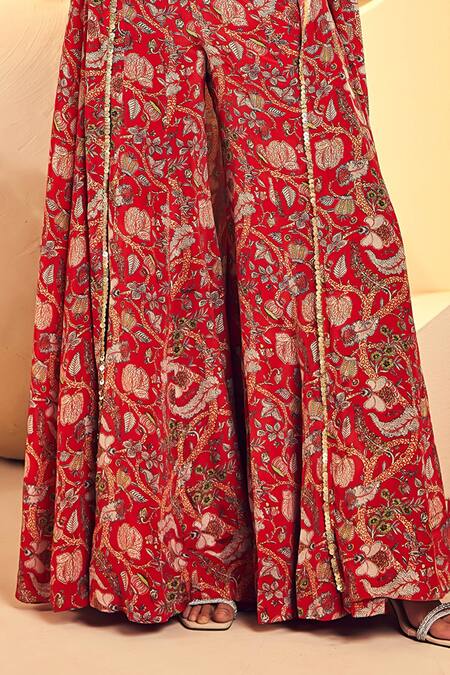 Aneesh Agarwaal Red Crepe Sequins, Embroidery V-neck Kalamkari Printed Cape Sharara Set Online at Aza Fashions Aneesh Agarwaal_Red Crepe Sequins, Embroidery V-neck Kalamkari Printed Cape Sharara Set _Online_at_Aza_Fashions