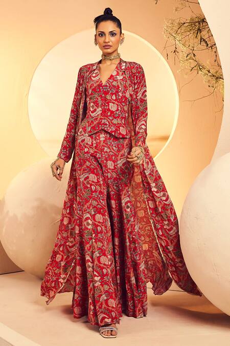 Buy Aneesh Agarwaal Red Crepe Sequins, Embroidery V-neck Kalamkari Printed Cape Sharara Set Online at Aza Fashions Buy_Aneesh Agarwaal_Red Crepe Sequins, Embroidery V-neck Kalamkari Printed Cape Sharara Set _Online_at_Aza_Fashions