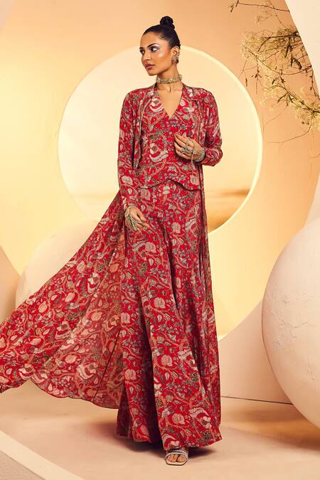 Shop Aneesh Agarwaal Red Crepe Sequins, Embroidery V-neck Kalamkari Printed Cape Sharara Set Online at Aza Fashions Shop_Aneesh Agarwaal_Red Crepe Sequins, Embroidery V-neck Kalamkari Printed Cape Sharara Set _Online_at_Aza_Fashions