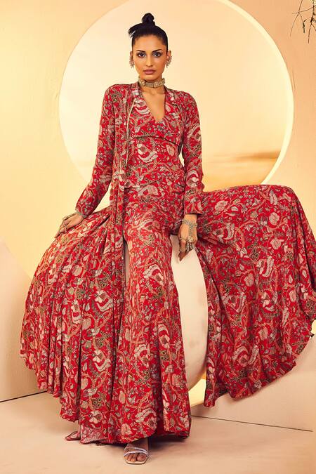 Aneesh Agarwaal Red Crepe Sequins, Embroidery V-neck Kalamkari Printed Cape Sharara Set at Aza Fashions Aneesh Agarwaal_Red Crepe Sequins, Embroidery V-neck Kalamkari Printed Cape Sharara Set _at_Aza_Fashions