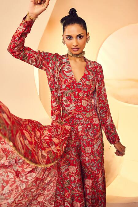 Buy Aneesh Agarwaal Red Crepe Sequins, Embroidery V-neck Kalamkari Printed Cape Sharara Set Buy_Aneesh Agarwaal_Red Crepe Sequins, Embroidery V-neck Kalamkari Printed Cape Sharara Set