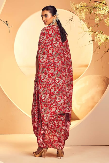 Shop Aneesh Agarwaal Red Crepe Sequins, Embroidery Open Neck Kalamkari Print Cape Draped Skirt Set at Aza Fashions Shop_Aneesh Agarwaal_Red Crepe Sequins, Embroidery Open Neck Kalamkari Print Cape Draped Skirt Set _at_Aza_Fashions