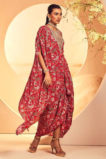 Aneesh Agarwaal Red Crepe Sequins, Embroidery Open Neck Kalamkari Print Cape Draped Skirt Set Online at Aza Fashions Aneesh Agarwaal_Red Crepe Sequins, Embroidery Open Neck Kalamkari Print Cape Draped Skirt Set _Online_at_Aza_Fashions
