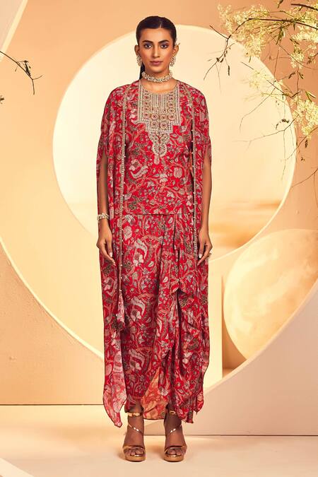 Buy Aneesh Agarwaal Red Crepe Sequins, Embroidery Open Neck Kalamkari Print Cape Draped Skirt Set Online at Aza Fashions Buy_Aneesh Agarwaal_Red Crepe Sequins, Embroidery Open Neck Kalamkari Print Cape Draped Skirt Set _Online_at_Aza_Fashions