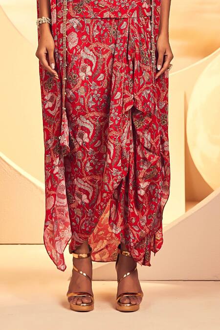 Shop Aneesh Agarwaal Red Crepe Sequins, Embroidery Open Neck Kalamkari Print Cape Draped Skirt Set Online at Aza Fashions Shop_Aneesh Agarwaal_Red Crepe Sequins, Embroidery Open Neck Kalamkari Print Cape Draped Skirt Set _Online_at_Aza_Fashions