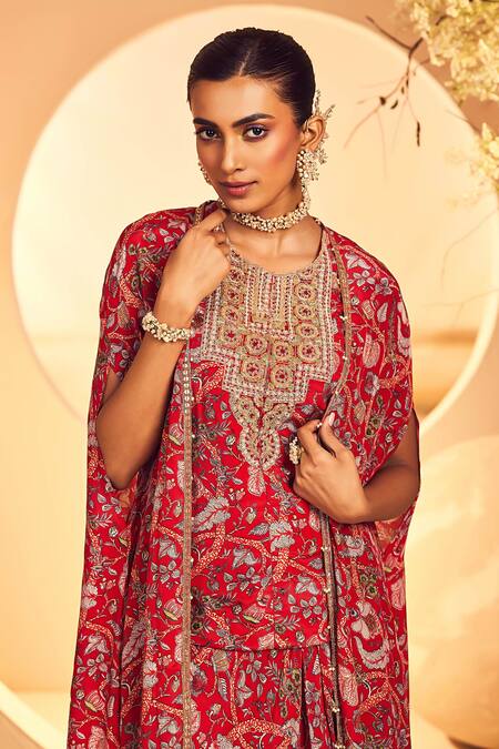Aneesh Agarwaal Red Crepe Sequins, Embroidery Open Neck Kalamkari Print Cape Draped Skirt Set at Aza Fashions Aneesh Agarwaal_Red Crepe Sequins, Embroidery Open Neck Kalamkari Print Cape Draped Skirt Set _at_Aza_Fashions
