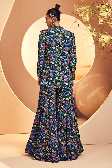 Aneesh Agarwaal Blue Crepe Printed Floral Lapel Collar Blazer And Sharara Set   2