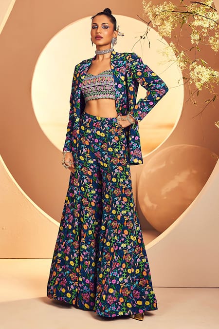 Aneesh Agarwaal Blue Crepe Printed Floral Lapel Collar Blazer And Sharara Set   3