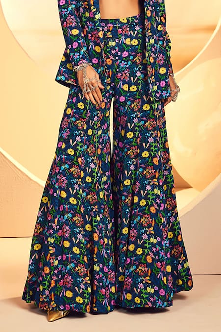 Aneesh Agarwaal Blue Crepe Printed Floral Lapel Collar Blazer And Sharara Set   4