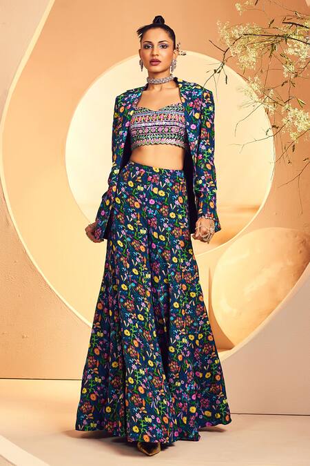 Aneesh Agarwaal Blue Crepe Printed Floral Lapel Collar Blazer And Sharara Set   5