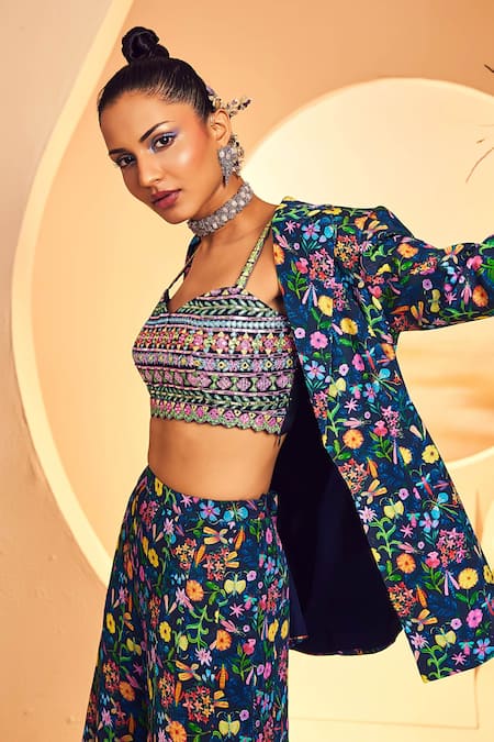 Aneesh Agarwaal Blue Crepe Printed Floral Lapel Collar Blazer And Sharara Set   6