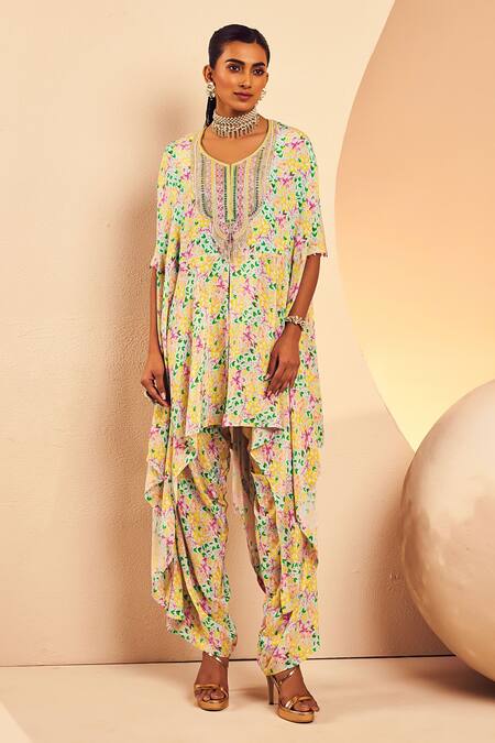 Aneesh Agarwaal_Blue Crepe Embroidery Round Neck Poncho Tunic And Dhoti Salwar Set _Online_at_Aza_Fashions