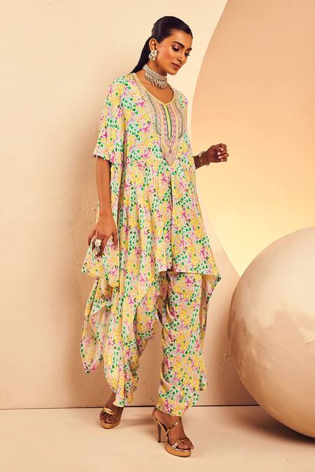 Shop_Aneesh Agarwaal_Blue Crepe Embroidery Round Neck Poncho Tunic And Dhoti Salwar Set _Online_at_Aza_Fashions