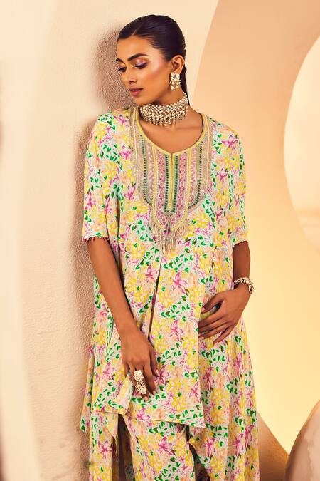 Aneesh Agarwaal_Blue Crepe Embroidery Round Neck Poncho Tunic And Dhoti Salwar Set _at_Aza_Fashions