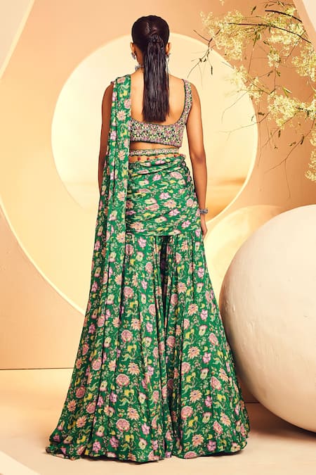 Shop Aneesh Agarwaal Green Chiffon Embroidery, Stones Pre-draped Sharara Saree With Blouse at Aza Fashions Shop_Aneesh Agarwaal_Green Chiffon Embroidery, Stones Pre-draped Sharara Saree With Blouse _at_Aza_Fashions