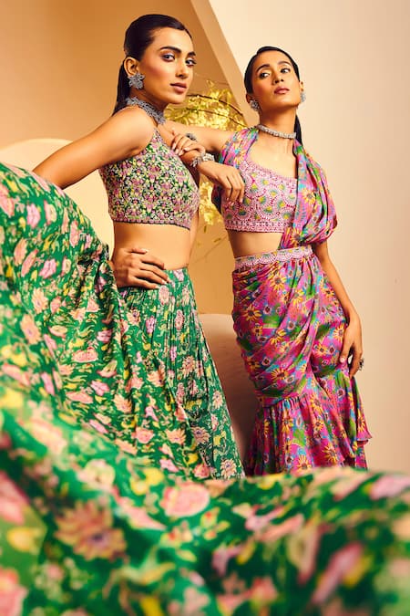 Aneesh Agarwaal Green Chiffon Embroidery, Stones Pre-draped Sharara Saree With Blouse Online at Aza Fashions Aneesh Agarwaal_Green Chiffon Embroidery, Stones Pre-draped Sharara Saree With Blouse _Online_at_Aza_Fashions