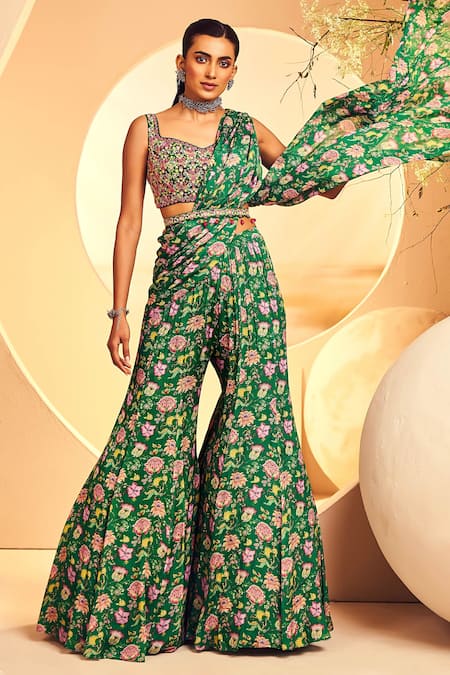 Buy Aneesh Agarwaal Green Chiffon Embroidery, Stones Pre-draped Sharara Saree With Blouse Online at Aza Fashions Buy_Aneesh Agarwaal_Green Chiffon Embroidery, Stones Pre-draped Sharara Saree With Blouse _Online_at_Aza_Fashions
