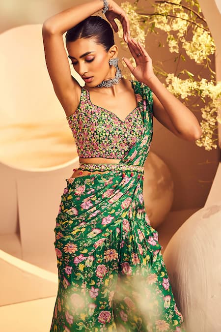 Shop Aneesh Agarwaal Green Chiffon Embroidery, Stones Pre-draped Sharara Saree With Blouse Online at Aza Fashions Shop_Aneesh Agarwaal_Green Chiffon Embroidery, Stones Pre-draped Sharara Saree With Blouse _Online_at_Aza_Fashions