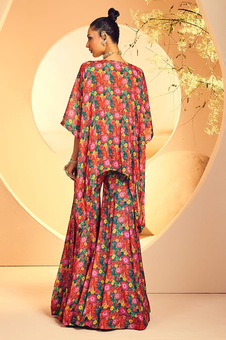 Shop_Aneesh Agarwaal_Green Chiffon Embroidery, Fringe Round Floral Print Poncho Tunic And Sharara Set _at_Aza_Fashions