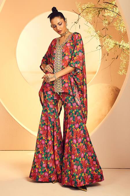 Aneesh Agarwaal_Green Chiffon Embroidery, Fringe Round Floral Print Poncho Tunic And Sharara Set _Online_at_Aza_Fashions