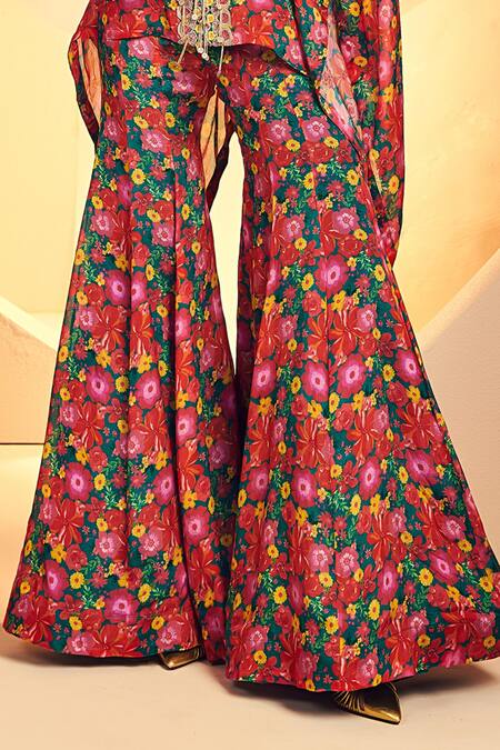 Buy_Aneesh Agarwaal_Green Chiffon Embroidery, Fringe Round Floral Print Poncho Tunic And Sharara Set _Online_at_Aza_Fashions