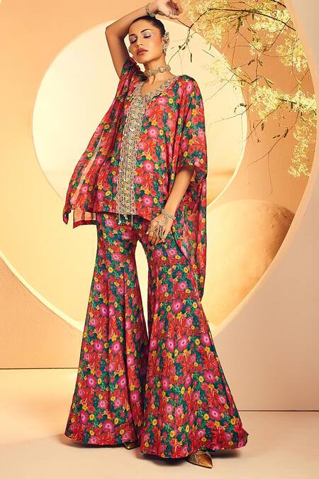 Shop_Aneesh Agarwaal_Green Chiffon Embroidery, Fringe Round Floral Print Poncho Tunic And Sharara Set _Online_at_Aza_Fashions