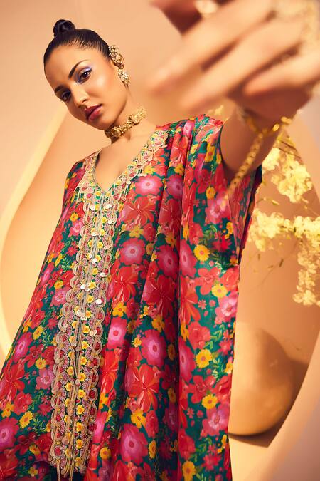 Aneesh Agarwaal_Green Chiffon Embroidery, Fringe Round Floral Print Poncho Tunic And Sharara Set _at_Aza_Fashions