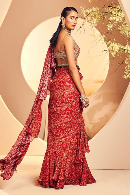 Shop_Aneesh Agarwaal_Maroon Chiffon Stones Round French Chintz Print Pre-draped Saree With Blouse _at_Aza_Fashions