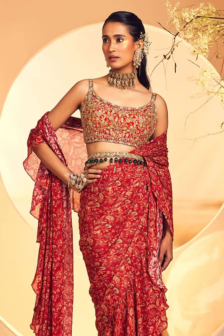Aneesh Agarwaal_Maroon Chiffon Stones Round French Chintz Print Pre-draped Saree With Blouse _Online_at_Aza_Fashions