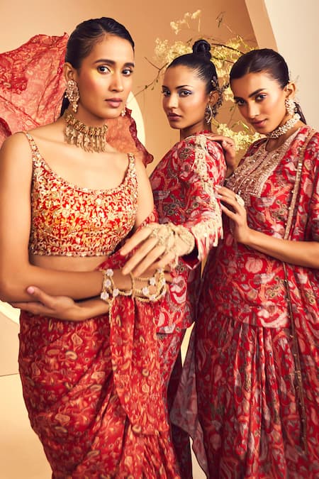 Buy_Aneesh Agarwaal_Maroon Chiffon Stones Round French Chintz Print Pre-draped Saree With Blouse _Online_at_Aza_Fashions