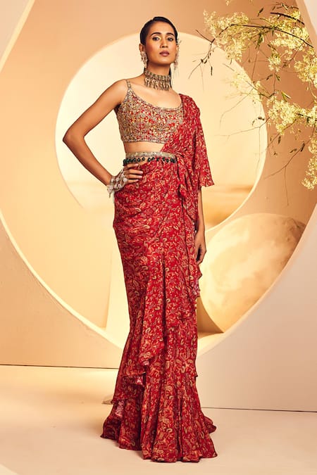 Shop_Aneesh Agarwaal_Maroon Chiffon Stones Round French Chintz Print Pre-draped Saree With Blouse _Online_at_Aza_Fashions