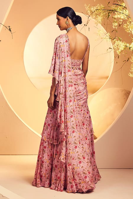 Shop_Aneesh Agarwaal_Pink Chiffon Beads, Pearls Square Neck Vintage Chintz Print Ruffle Lehenga Saree _at_Aza_Fashions