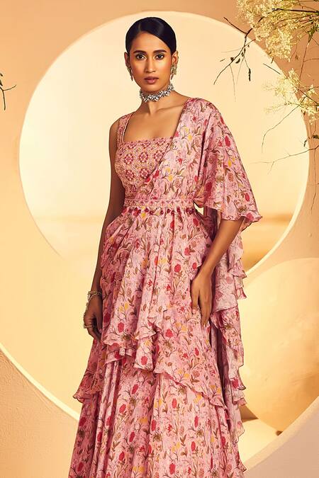 Aneesh Agarwaal_Pink Chiffon Beads, Pearls Square Neck Vintage Chintz Print Ruffle Lehenga Saree _Online_at_Aza_Fashions