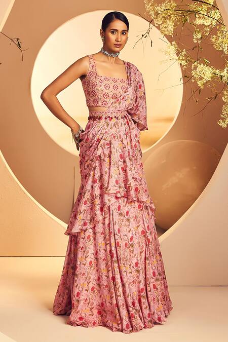 Buy_Aneesh Agarwaal_Pink Chiffon Beads, Pearls Square Neck Vintage Chintz Print Ruffle Lehenga Saree _Online_at_Aza_Fashions