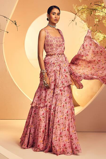 Shop_Aneesh Agarwaal_Pink Chiffon Beads, Pearls Square Neck Vintage Chintz Print Ruffle Lehenga Saree _Online_at_Aza_Fashions