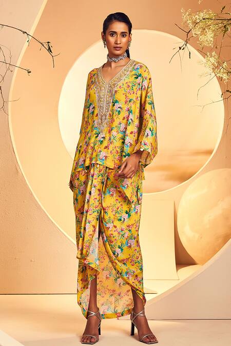 Aneesh Agarwaal Yellow Crepe Embroidery V-neck Floral Chintz Print Poncho With Dhoti Skirt Online at Aza Fashions Aneesh Agarwaal_Yellow Crepe Embroidery V-neck Floral Chintz Print Poncho With Dhoti Skirt _Online_at_Aza_Fashions