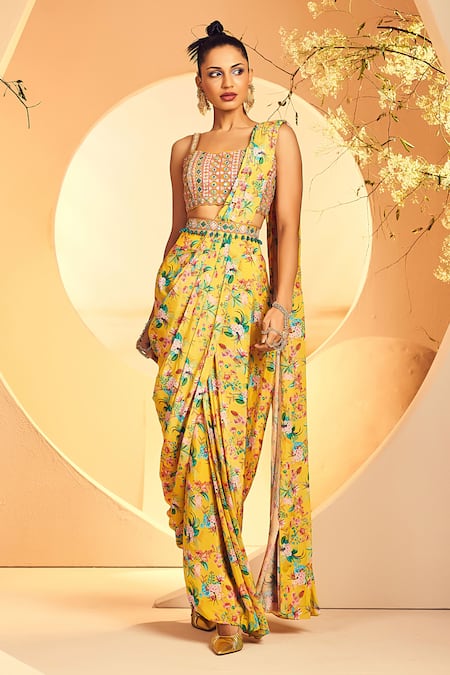 Aneesh Agarwaal Chintz Bloom Print Pre-Draped Dhoti Saree Set 