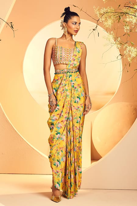 Aneesh Agarwaal_Yellow Crepe Embroidery, Diamonds Chintz Bloom Print Pre-draped Dhoti Saree Set _Online_at_Aza_Fashions
