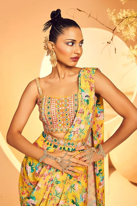 Buy_Aneesh Agarwaal_Yellow Crepe Embroidery, Diamonds Chintz Bloom Print Pre-draped Dhoti Saree Set _Online_at_Aza_Fashions