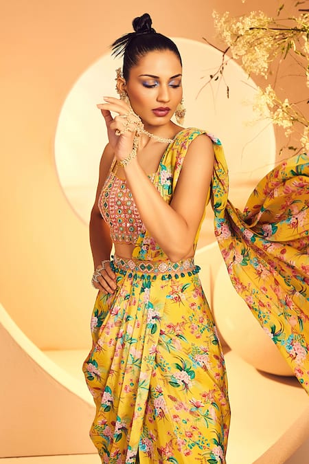 Shop_Aneesh Agarwaal_Yellow Crepe Embroidery, Diamonds Chintz Bloom Print Pre-draped Dhoti Saree Set _Online_at_Aza_Fashions