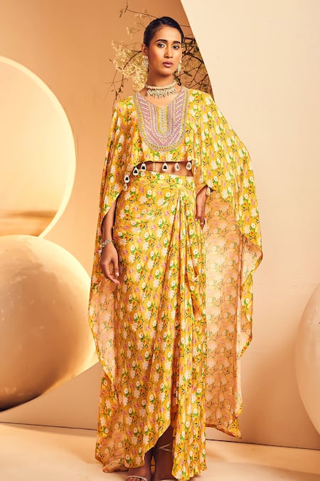 Aneesh Agarwaal Yellow Crepe Print Chintz Blossom High Low Top With Draped Dhoti Skirt 
