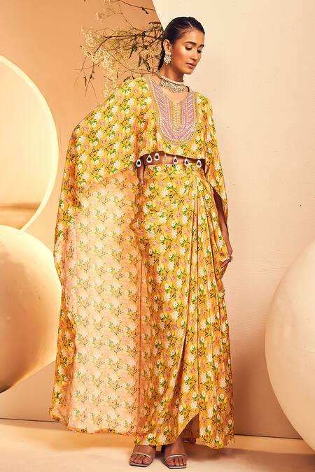 Aneesh Agarwaal_Yellow Crepe Beads Chintz Blossom Print High Low Top With Draped Dhoti Skirt _Online_at_Aza_Fashions